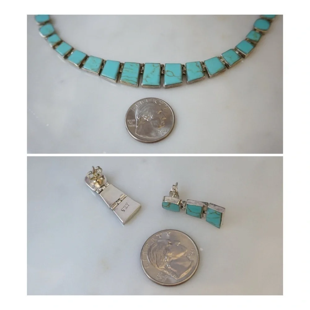 Vintage hand-cut Chilean Turquoise 925 silver earring and necklace set - Picture 4 of 10